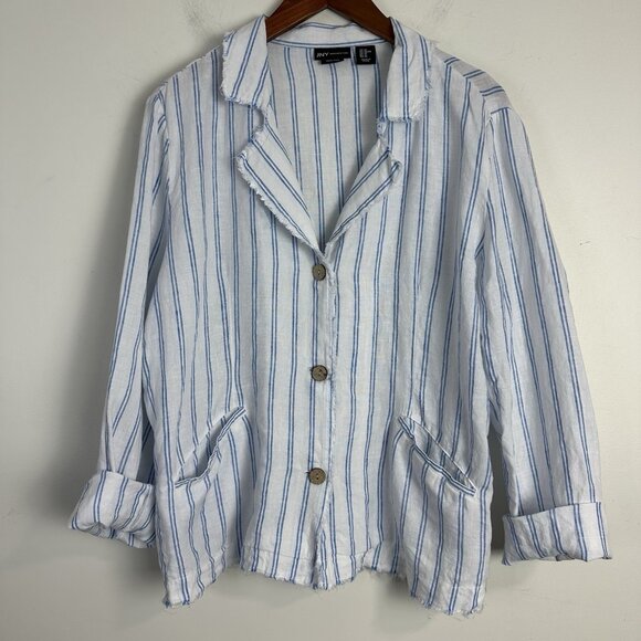 JNY Jones New York Blue Stripe Linen Button Lighweight Shacket XL‎ Coastal Euro - Picture 1 of 9